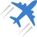 blue icon of airplane with white airflow streaks