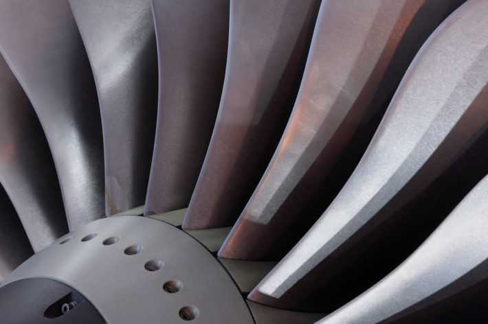 closeup of airplane engine turbine