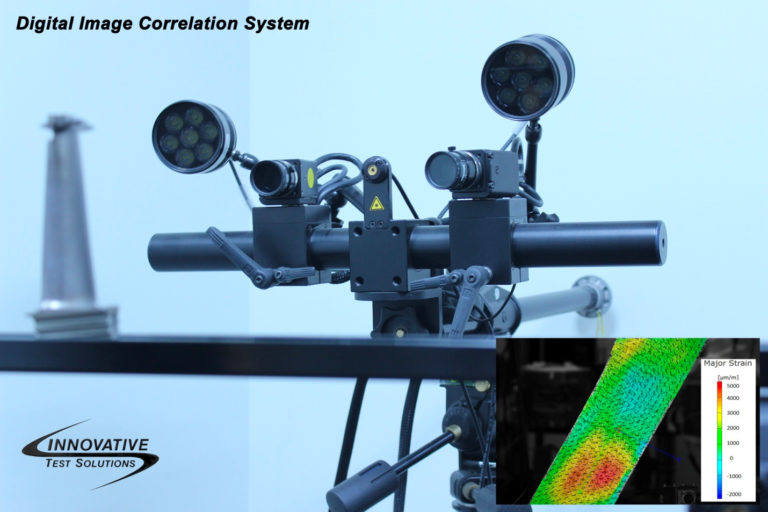 A Digital Image Correlation System being used for optical analysis, displaying the measurements of strain for materials.